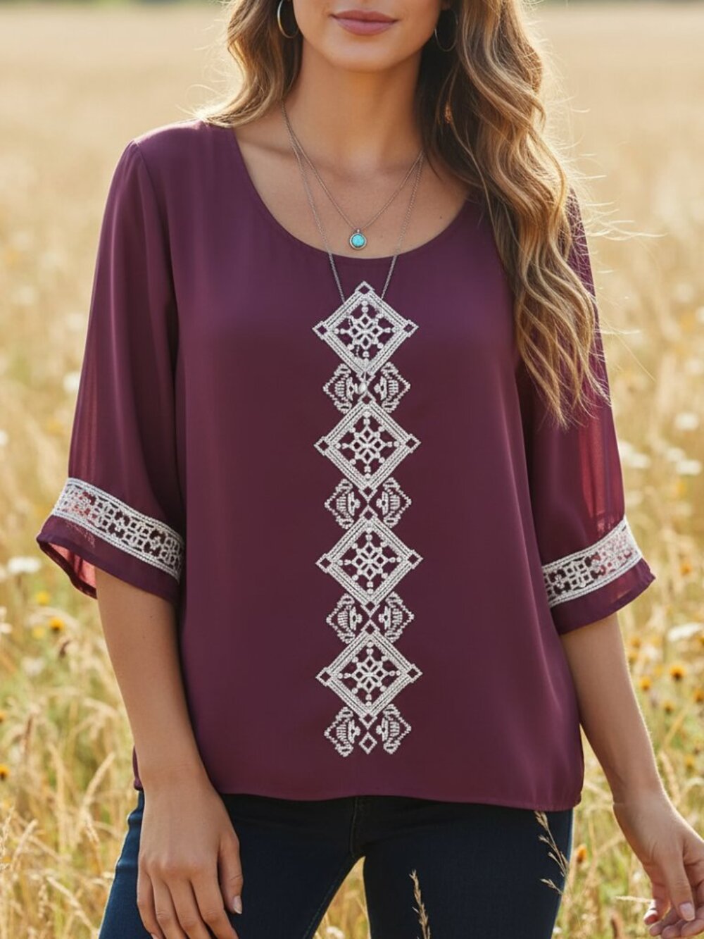 Xhilaration L Top Burgundy Purple Embroidered Flowy Boho Whimsigoth cottage